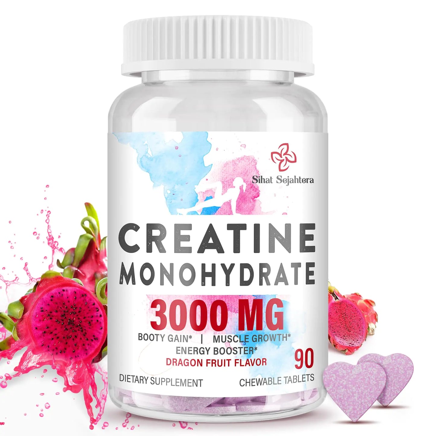 3000 MG Creatine Monohydrate for Women & Men Creatine Pills with BCAA & Hydrolyzed Collagen Creatine Chews Tablets for Performance & Recovery Strength Dragon Fruit Flavor 90 Tablets
