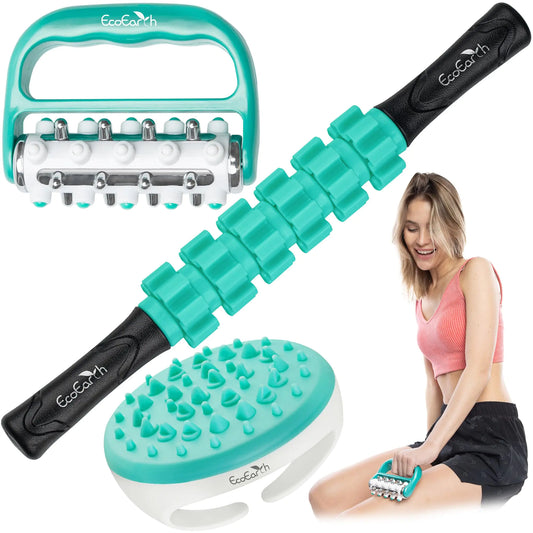EcoEarth - 3-in-1 Fascia Roller Massage Kit - Includes: Massage Roller Stick Anti-Cellulite Massage Scrubber & Handheld Massager - Trigger Point Massagers for Myofascial Release & Quick Recovery